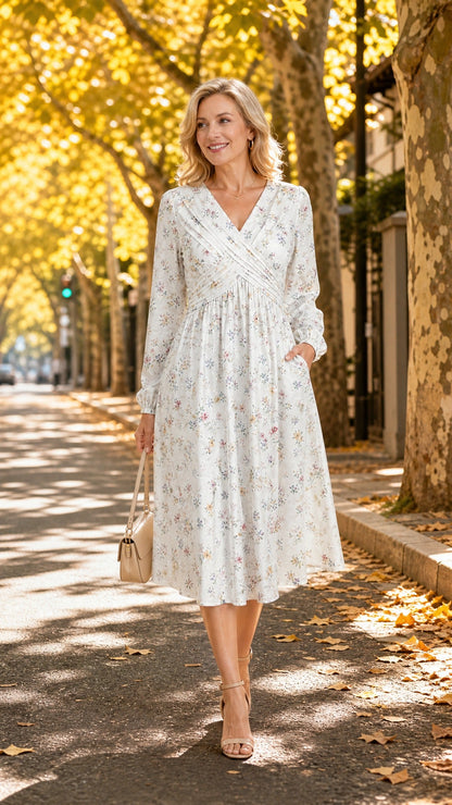 🔥LAST DAY SALE ONLY￡19.99!!🌿Women's Long sleeves V-Neck Floral Print Dress with Twist Waist