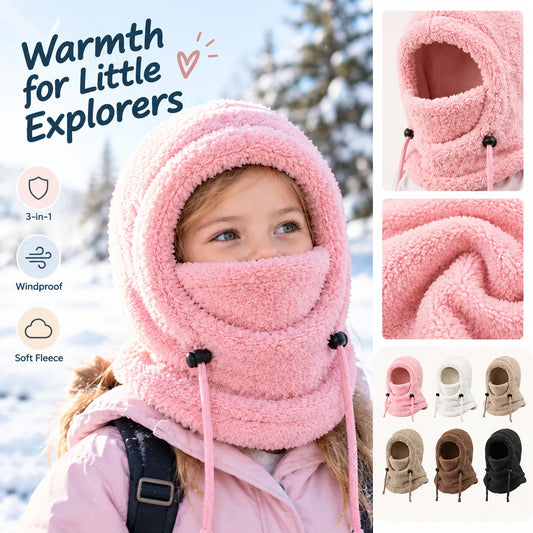 Kids Windproof Fleece Balaclava & Hooded Scarf – Thermal Full Face Mask with Detachable Collar, Soft Winter Gear for Boys & Girls Ages 3–10