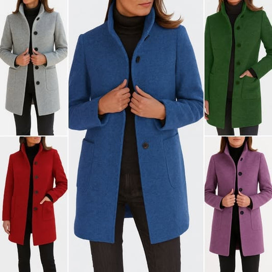 Vintage Solid Color Buttoned Stand Collar Woolen Coat