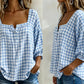 🔥LAST DAY 49% OFF - 🌸Women's Cotton Linen Gingham Square-Neck Short-Sleeve Top