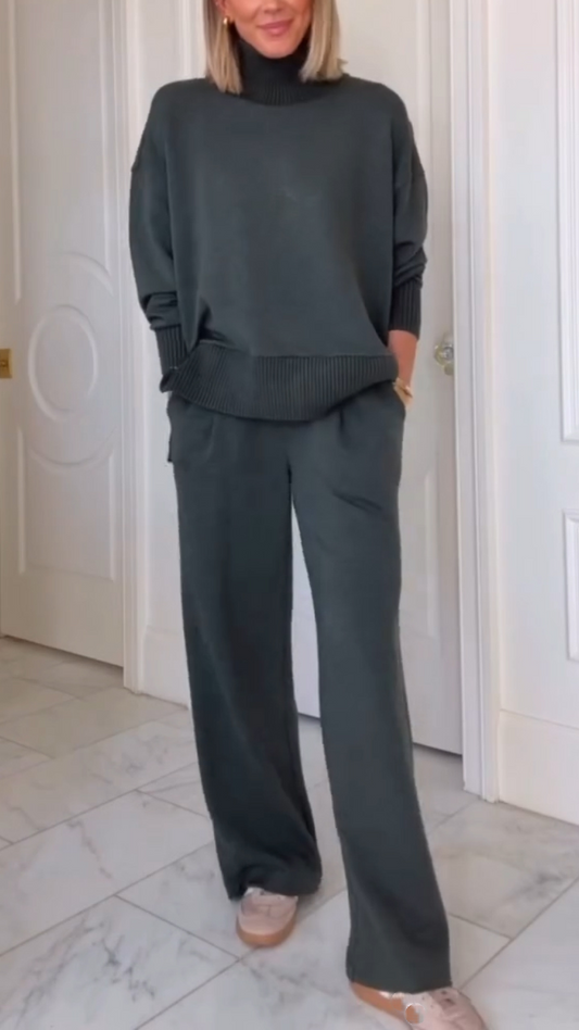 Women High-neck Stitching Knitted Side Zipper Top + Pants Casual Suit