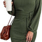 💃Last Day 50% OFF⏰Women's Long Lantern Sleeve Tie Waist Rib Knitted Knit Sweater Dress