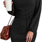 💃Last Day 50% OFF⏰Women's Long Lantern Sleeve Tie Waist Rib Knitted Knit Sweater Dress