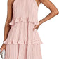 Women's 2026 Summer Halter Cocktail Dresses Sleeveless Ruffle Tiered Chiffon Pleated Wedding Guest Mini Dress