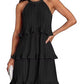 Women's 2026 Summer Halter Cocktail Dresses Sleeveless Ruffle Tiered Chiffon Pleated Wedding Guest Mini Dress