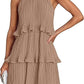 Women's 2026 Summer Halter Cocktail Dresses Sleeveless Ruffle Tiered Chiffon Pleated Wedding Guest Mini Dress