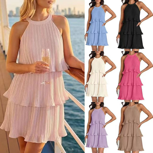 Women's 2026 Summer Halter Cocktail Dresses Sleeveless Ruffle Tiered Chiffon Pleated Wedding Guest Mini Dress