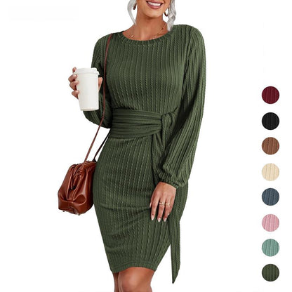 💃Last Day 50% OFF⏰Women's Long Lantern Sleeve Tie Waist Rib Knitted Knit Sweater Dress