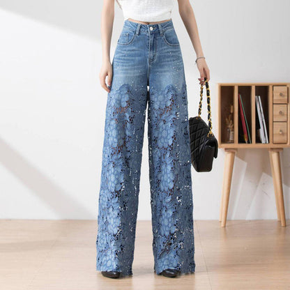 🔥 Summer Sale 39% Off Women's High-Waisted Blue Denim Wide-Leg Pants (Hollow-out Lace Panels)