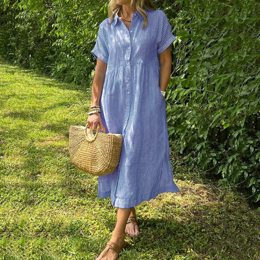 🌸Spring Hot Sale 50% OFF!!🌸Women's V-Neck Lapel Striped Long Shirt Dress