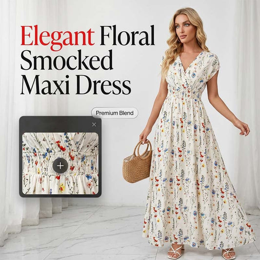 🔥Summer Hot Sale 50% Off!!💃Women's Floral V-Neck Smocked Waist Maxi Dress