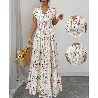 🔥Summer Hot Sale 50% Off!!💃Women's Floral V-Neck Smocked Waist Maxi Dress