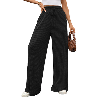 🧶 Textured Comfort | Women's Ribbed-Knit Wide-Leg Trousers
